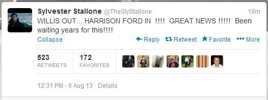 sylvester stallone tweet harrison ford cast in expendables 3